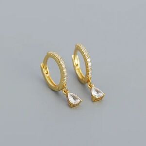 925 Sterling Silver Mini Huggie Earrings | 18K Gold Plated | CZ Teardrop Dangle